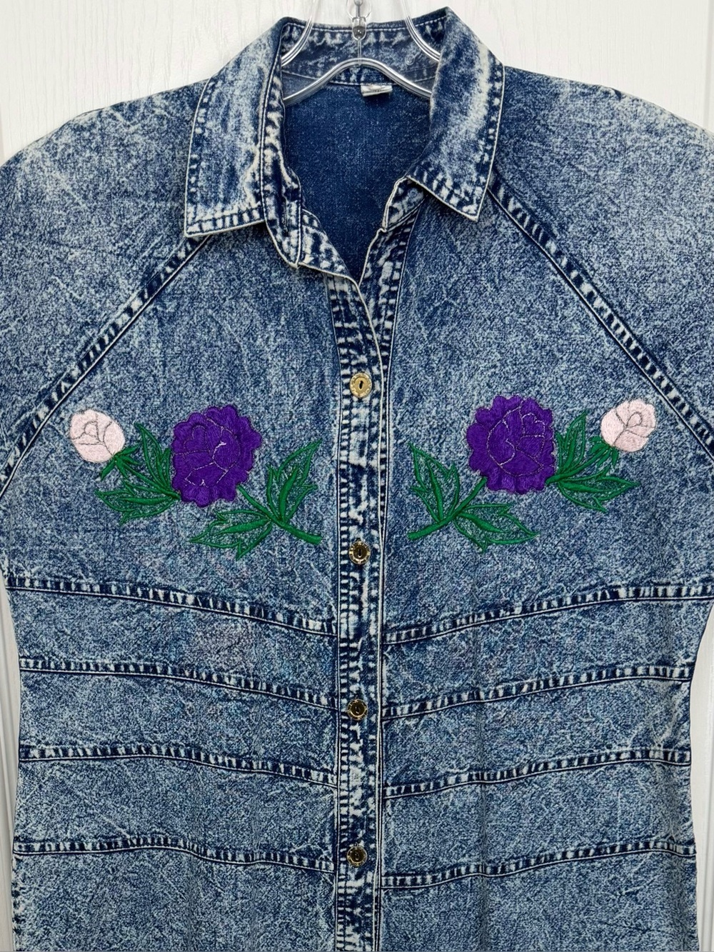 Vintage Acid Wash Floral Embroidered Denim Midi Shirt Dress Size Medium 80s 90s - Picture 3 of 5